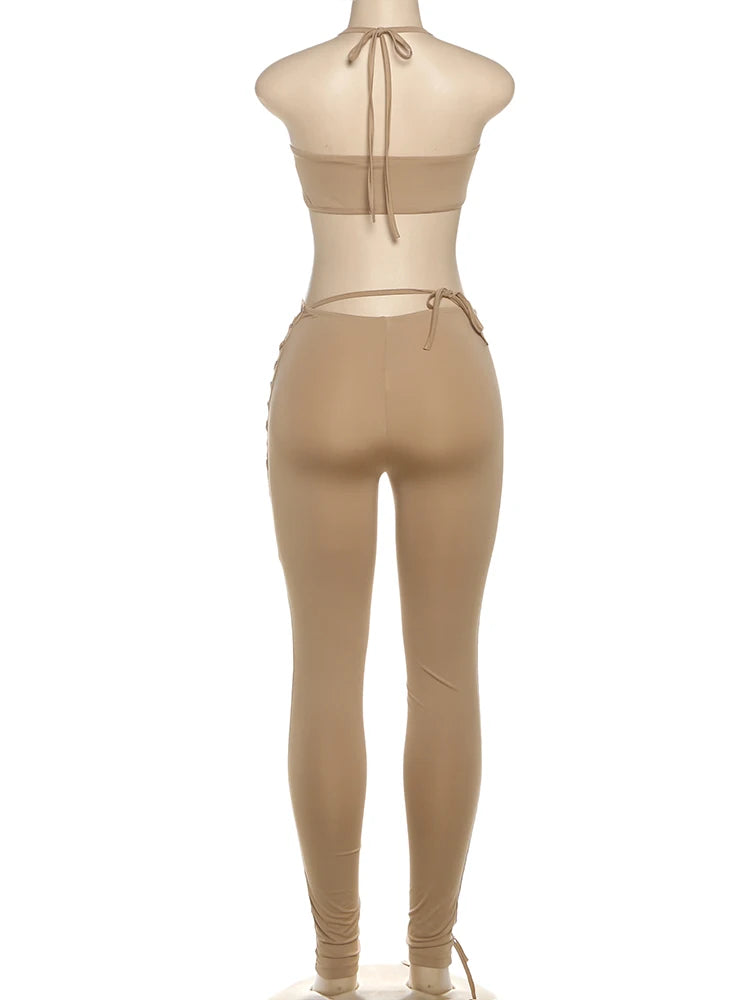 Weird Puss Sexy 2piece Set Women Hipster Halter Camisole+Shirring Hollow Pants Midnight Matching Stretch Clubwear Skinny Outfits