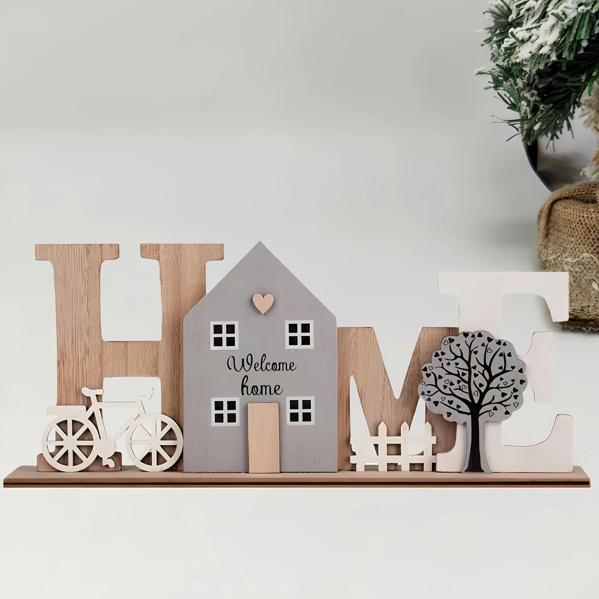 Wooden HOME Ornament with Cute House Bicycle & Tree Elements Creative Wooden Craft Decor For Living Room Bedroom Entryway