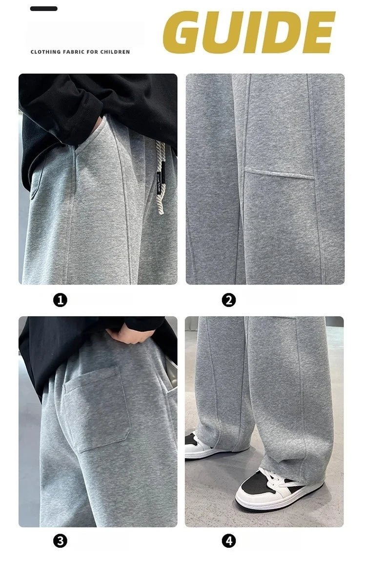2026 New Spring Casual Kids Pants Black Elastic Waist Straight Leg Sweatpants for Boys Loose Pocket Children Trousers