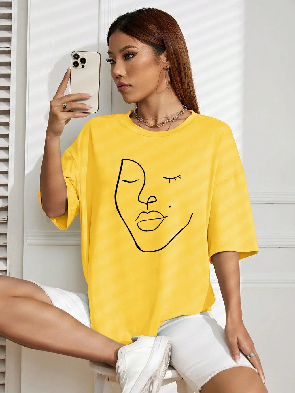 Simple Line Pattern Women's Face Printing tees Cotton Women T-Shirts Casual Soft Short Sleeve Tops Loose Comfortable Clothes
