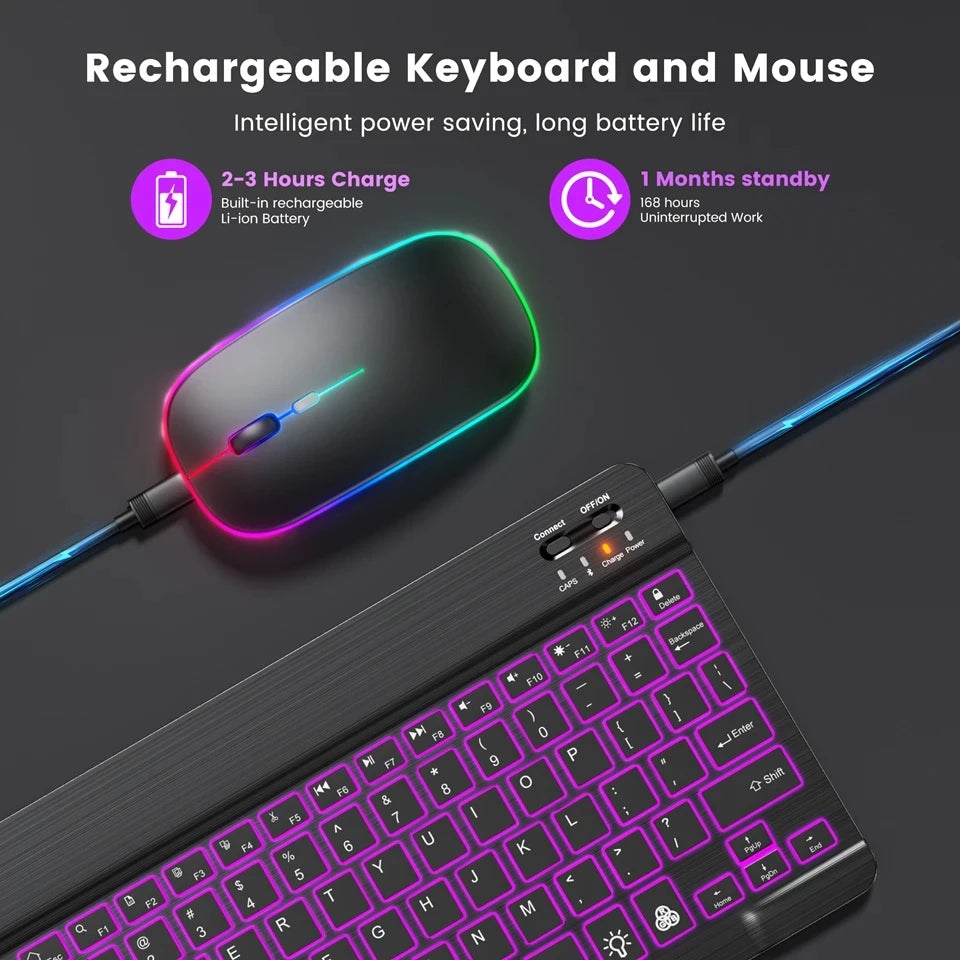 Mini Backlit RGB 10inch Bluetooth Keyboard Wireless Mouse Rechargeable for Spanish Russian Hebrew Korean French Arabic Portugal