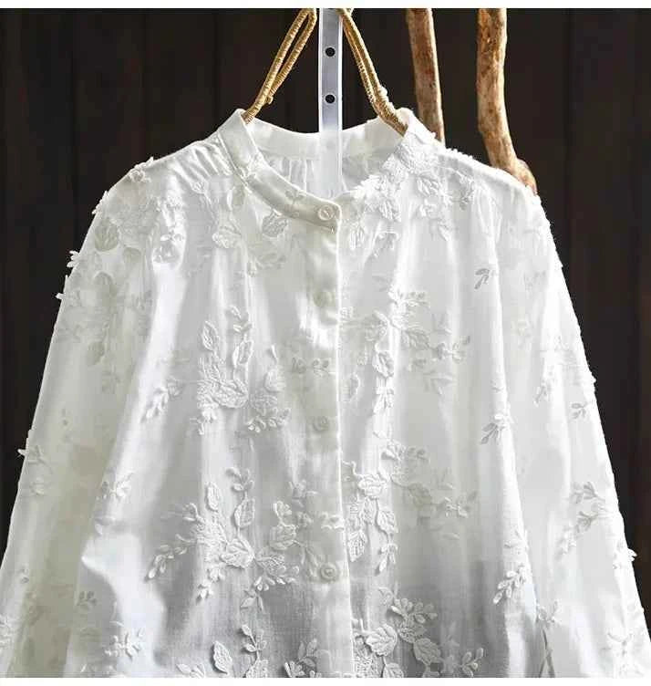 SuperAen Spring New Three-dimensional Flower Embroidered Cotton White Shirt Women Loose Sweet O-neck Long-sleeved Shirts
