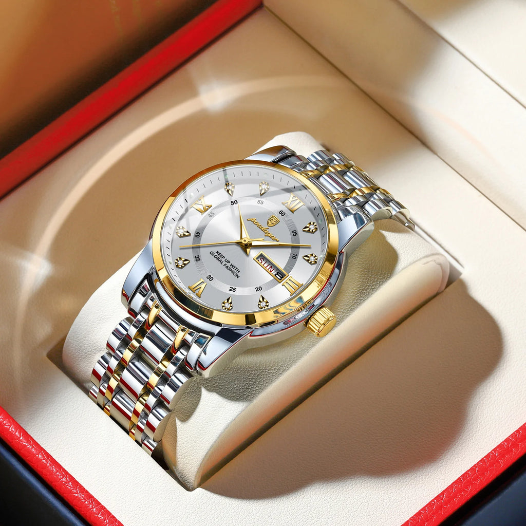 POEDAGAR Original Classic Man Watch Waterproof Luminous Date Week Watches for Men Quartz Stainless Steel Luxury Men's Wristwatch