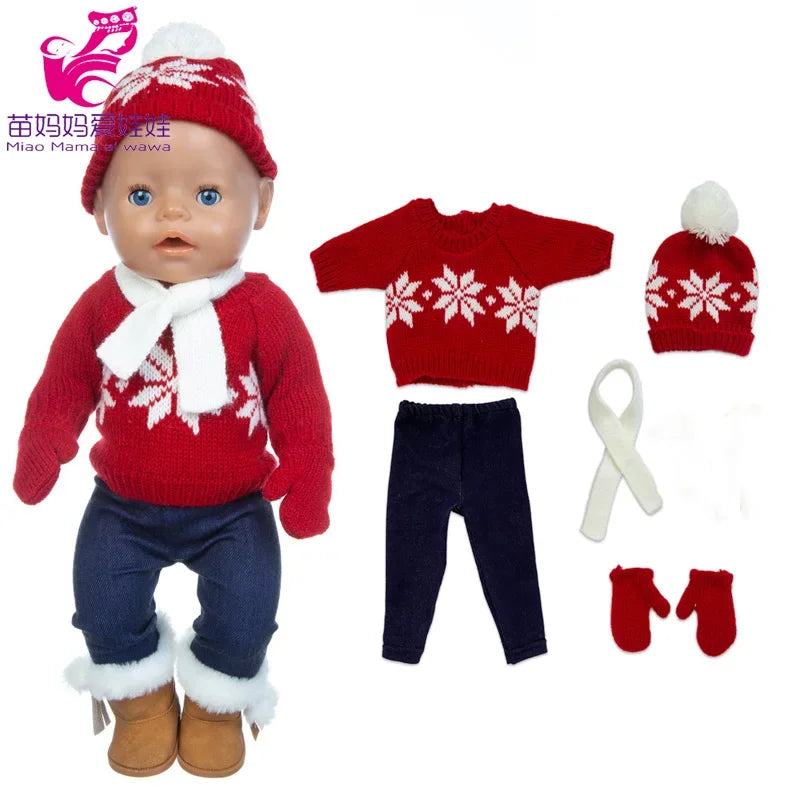 18 Inch Baby Doll Winter Clothes Set Crochet Sweater Scarf Hat Gloves New Year Apparel for 43 Cm Girl Dolls