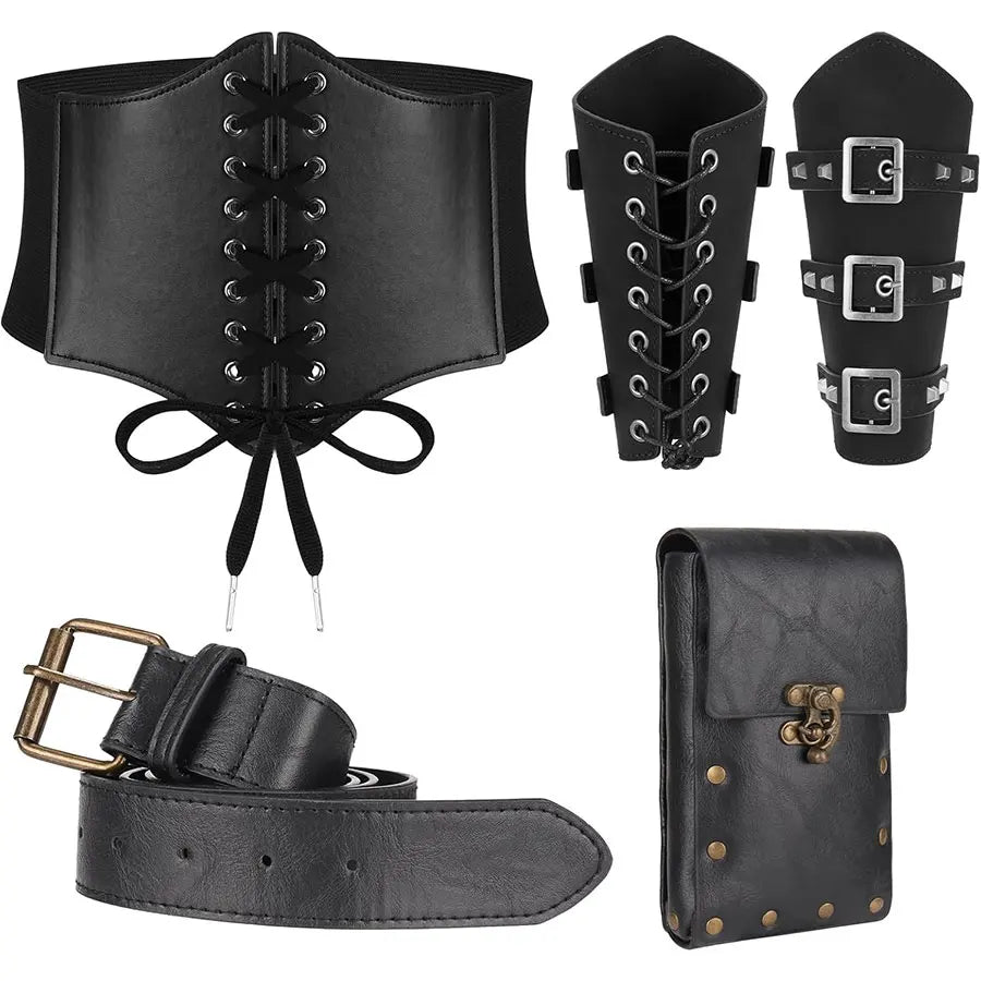 5pcs/4pcs Medieval Renaissance Costume Set Wallet/Belt/Pouch/Keychain Corset PU Leather Belt Wallet Hiking Steunk Viking Cosp
