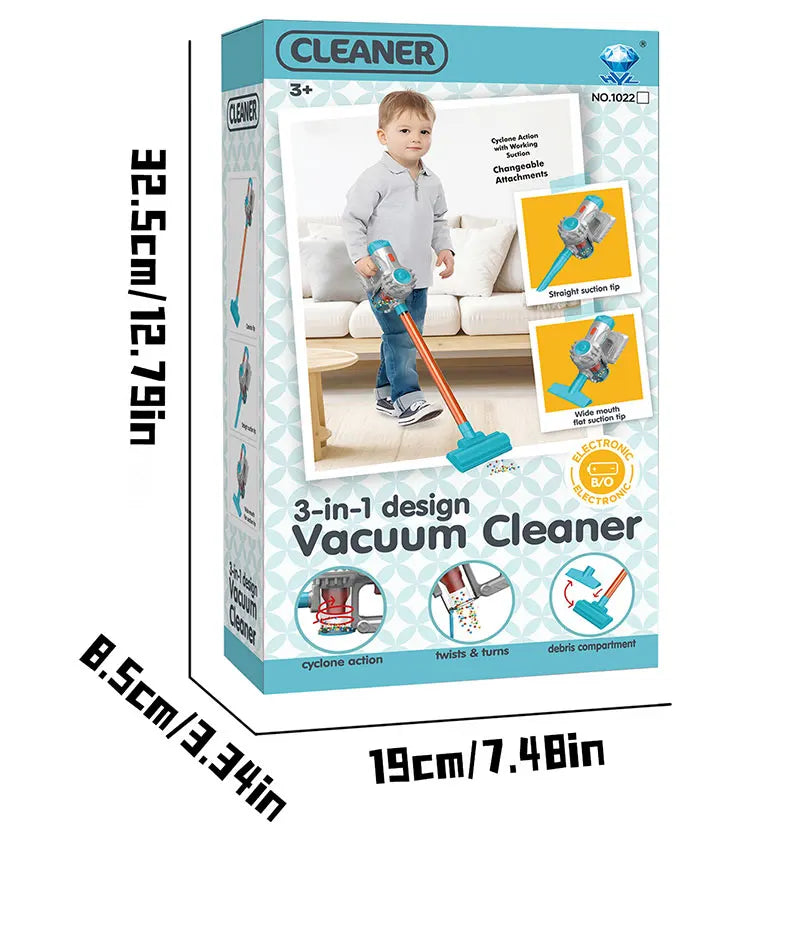 Kids 3-in-1 Toy Vacuum Cleaner – Light & Sound Stick/Handheld, Detachable Debris Bin, Cyclone Beads, 2 Attachments, Role-Play Ho