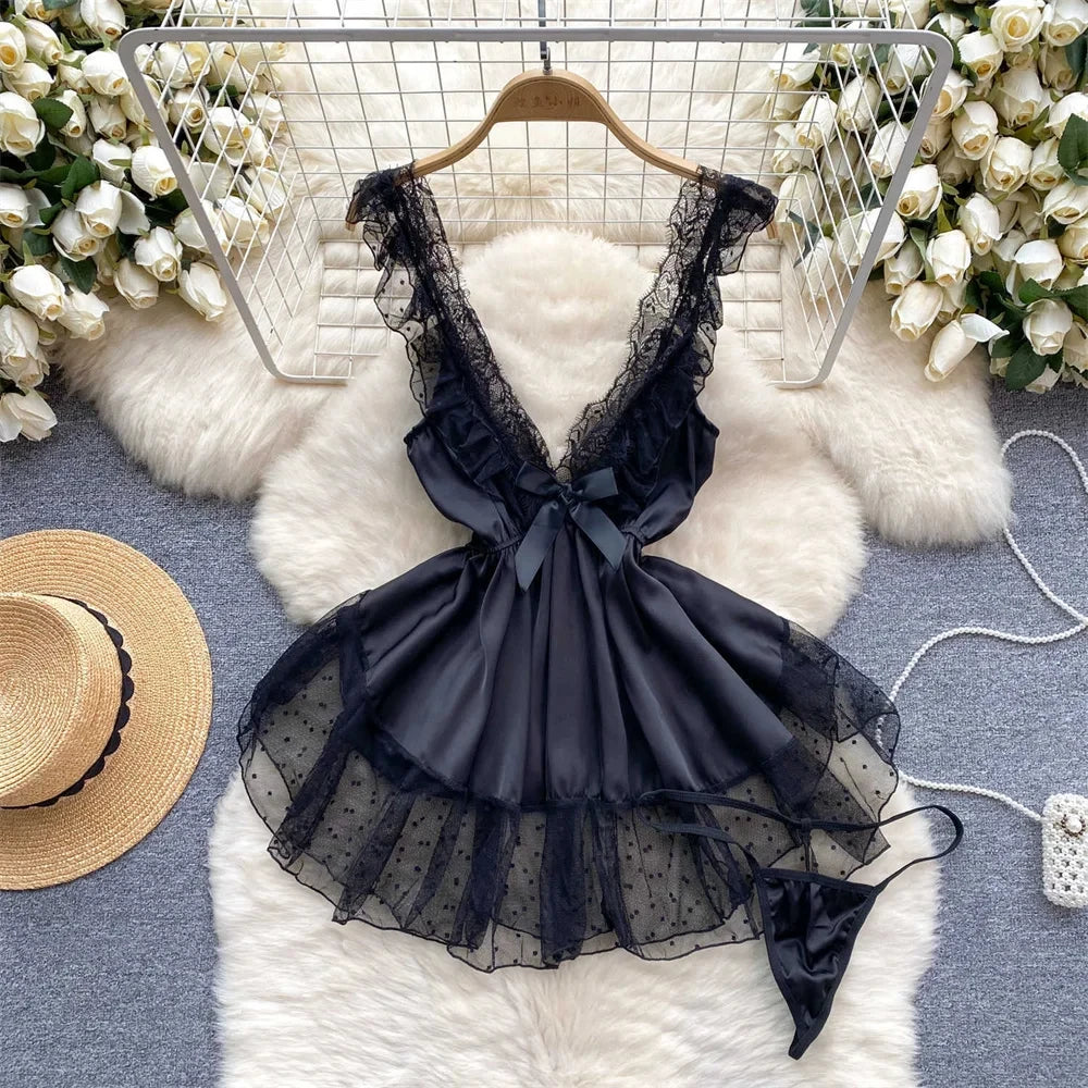 Summer Girls Sexy Hot Sweet Transparent Suspender Mini Dress Women Elastic Waist And Backless Strap Lolita Pajamas Bubble Skirt