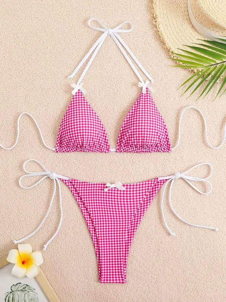 Circyy 2026 Bathing Suit Women Plaid Dot Split Swimsuit Neck-mounted Bow Tie Beachwear Vintage Simple Two-piece Bikinis Summer