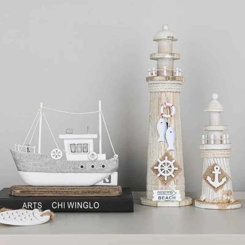 Mediterranean Style Home Decoration Figurines Desktop Ornaments Ocean Wooden Lighthouse Model Wood Ship Crafts Wall Decor Plaque