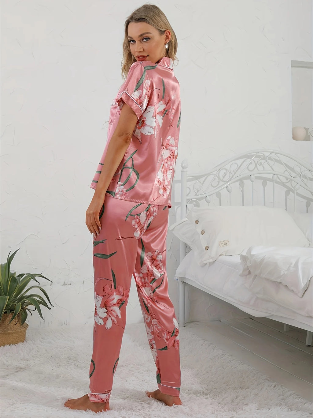 Floral Print Satin Pajama Set Smooth & Comfort Short Sleeve Button Lapel Top & Cozy Long Pants Women's Loungewear & Sleepwear
