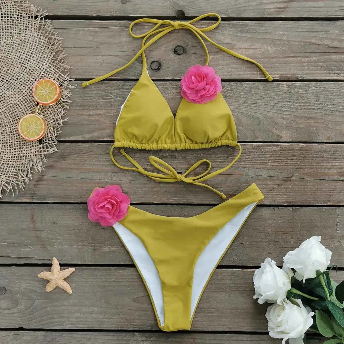 2026 New Sexy White 3D Flower Solid Two Piece Push Up Bikini Set Luxury Swimwear Women Swimsuit Beachwear Summer Bathing Suit