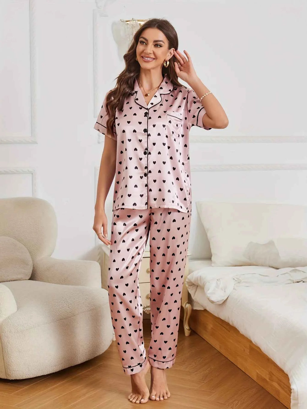 Heart Print Satin Pajama Set Casual Short Sleeve Buttons Lapel Top & Elastic Pants Women's Sleepwear