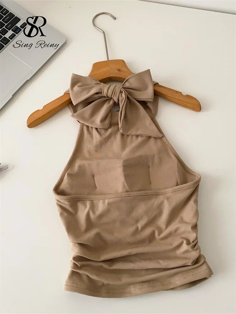 SINGREINY Office Lady Elastic Slim Tank Top Fashion Women Halter Sleeveless Lace Up Solid Short Camis Ruched Backless Sexy Top