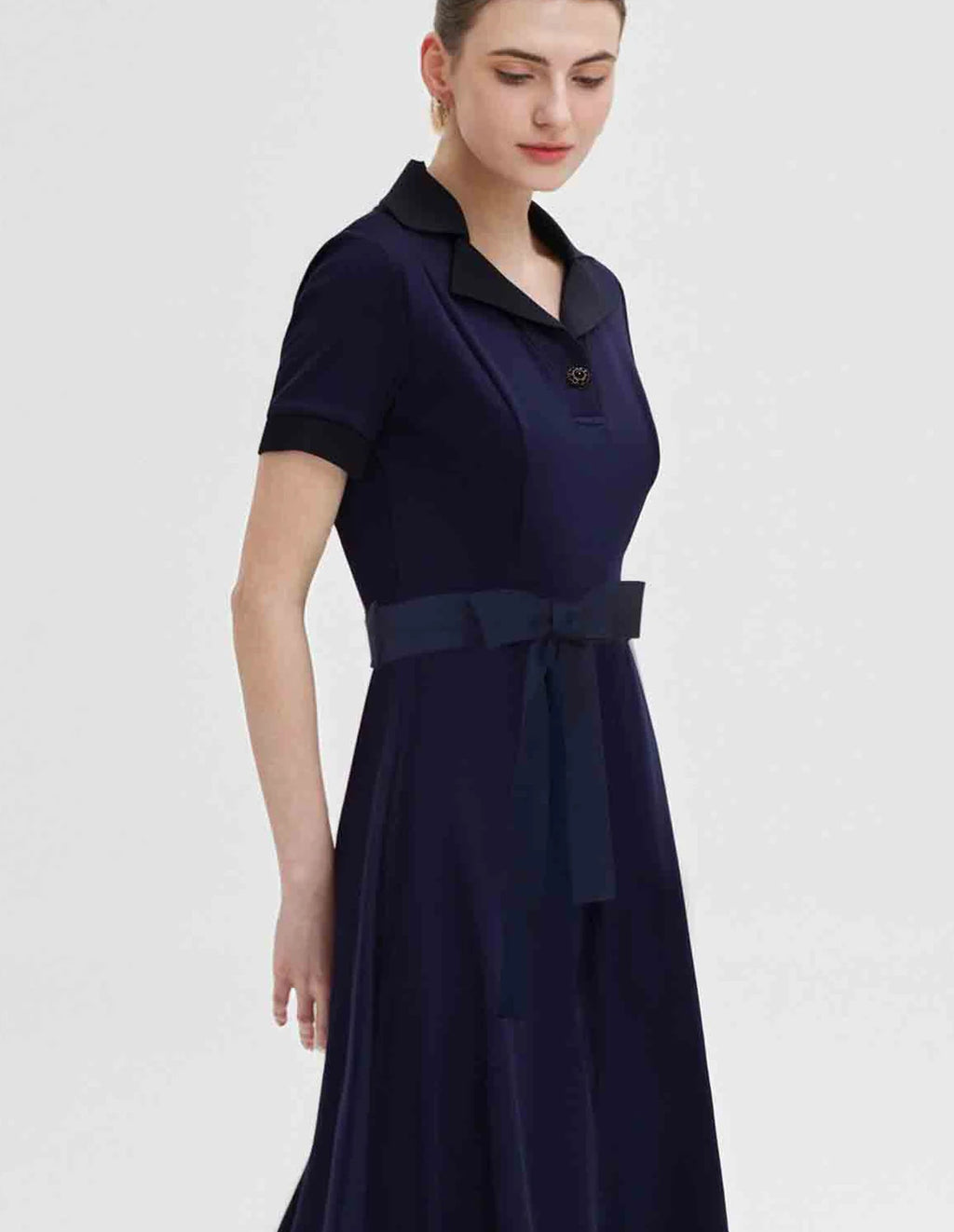 Fashion Women Shirt Dress Elegant High Waisted V Neck Short Sleeve Bow Belt Office Ladies Dresses 2025 Summer Solid Dress