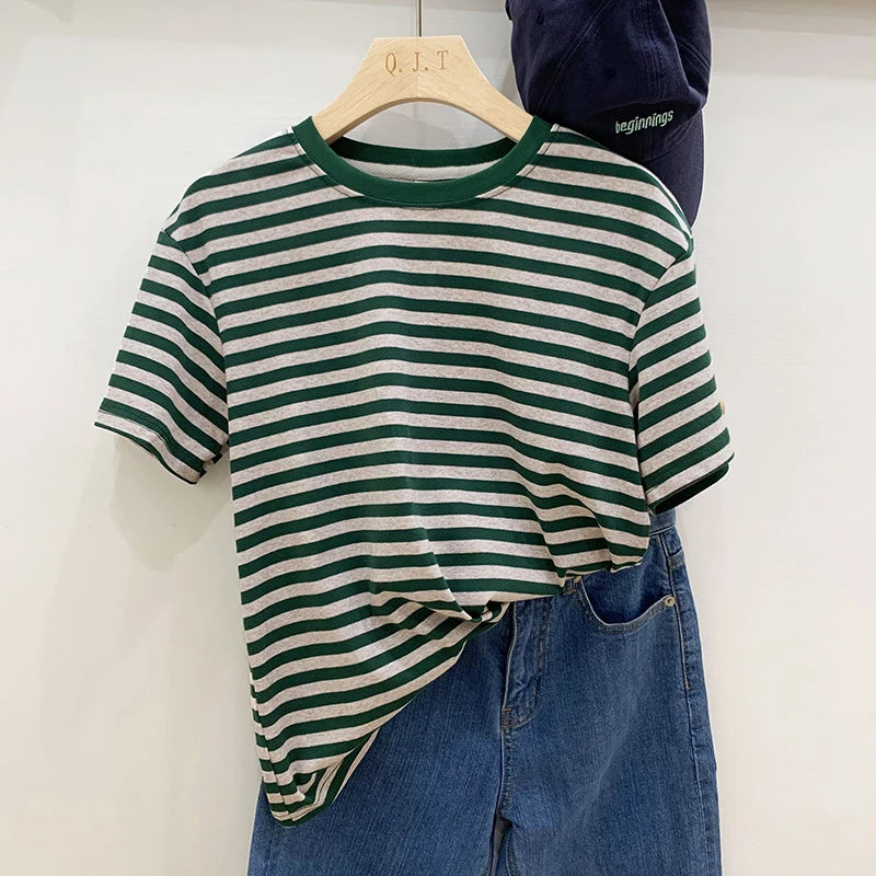 Summer Short Sleeve Striped T-Shirts Versatile Women Knitted Basic Casual Tops Female Cozy Loose Cotton Tees 2023 Harajuku Shirt