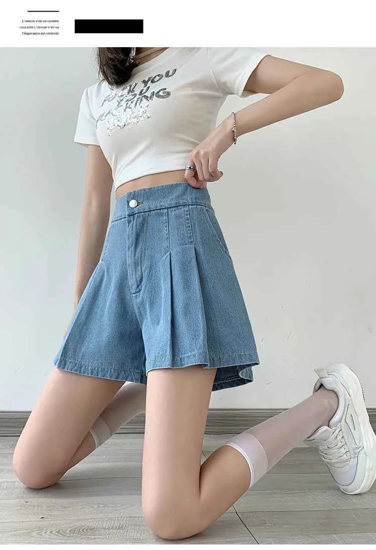 DFRCAEG 2024 Summer Plus Size Denim Shorts For Women High Elastic Waist Blue Or Sky Blue Pleated Mini Large Size Short Femme