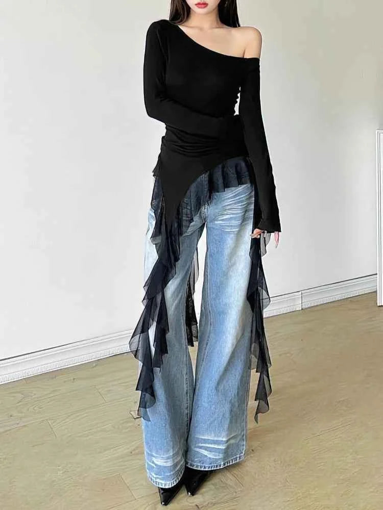 Lace Ruffles Tassel Off shoulder Long sleeve T shirt Women Sweet Gentle Basic Top Tees Shirt Sexy 2025 New