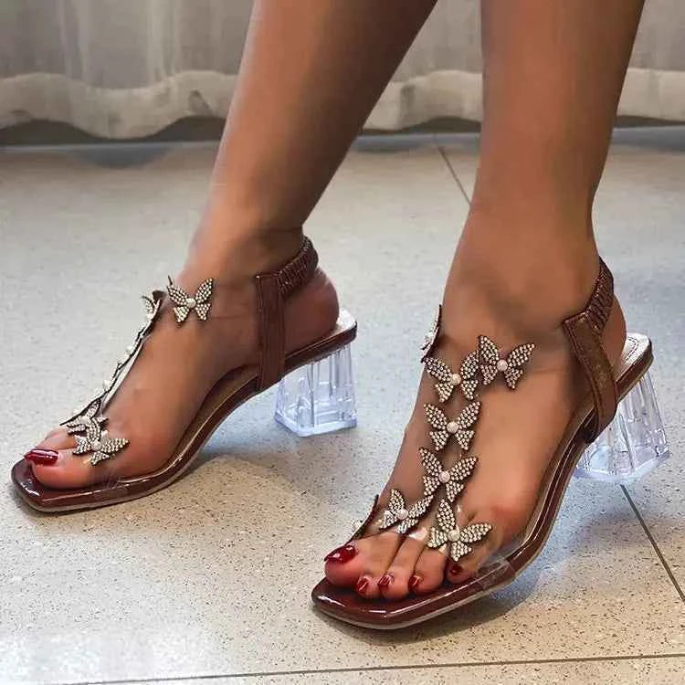 2024 Summer Rhinestone Butterfly Sandals, New Crystal and Fashion Transparent High Heels, Casual Street Women's Shoes