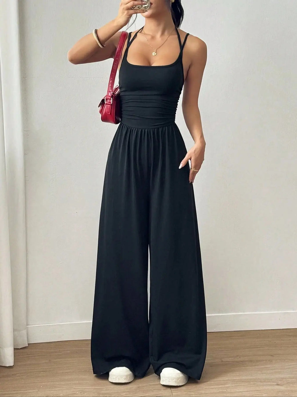 Women's Casual Pleated Loose Straight Leg Jumpsuit, Spring/Summer