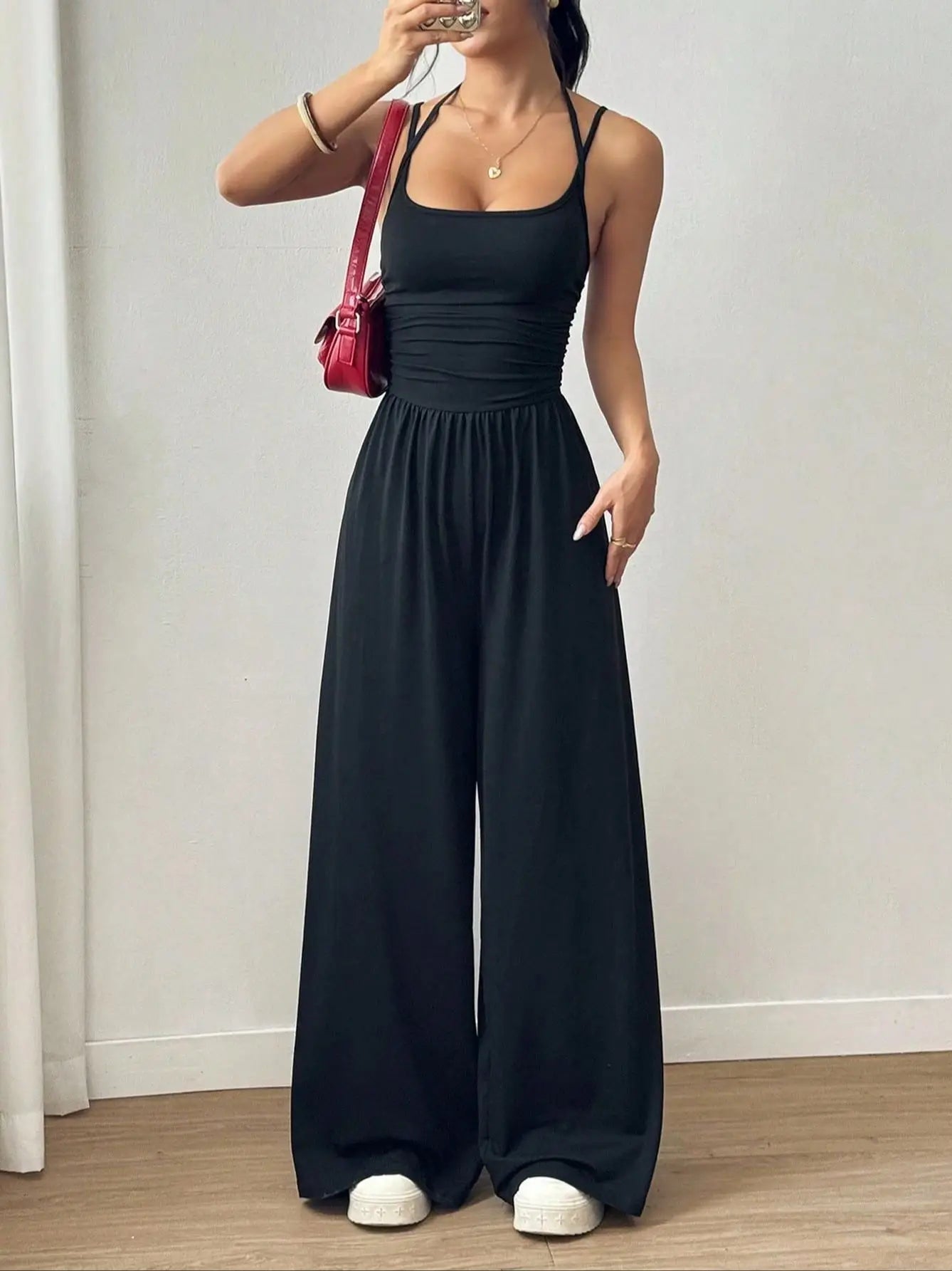 Women's Casual Pleated Loose Straight Leg Jumpsuit, Spring/Summer