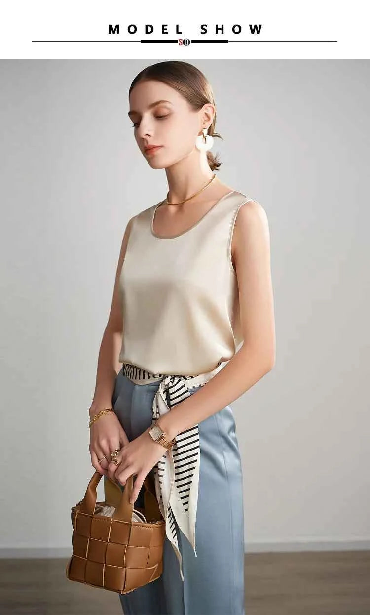 SuyaDream. Women Basic Cozy Tanks, 100%Real Silk, O neck Sleeveless Chic T Shirt, 2025 Solid Summer Vests, White, Pink, Beige