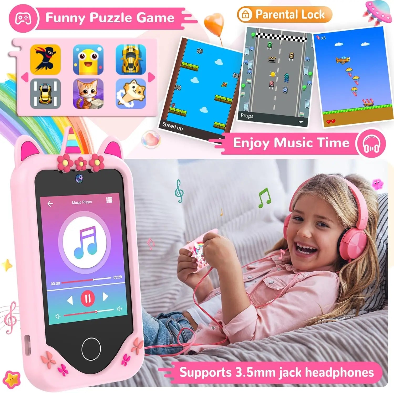 Kids Learning Phone for Girls & Boys 2.8" Touchscreen Dual Camera, Games, Video Player with 32GB SD Card Christmas Birthday Gift