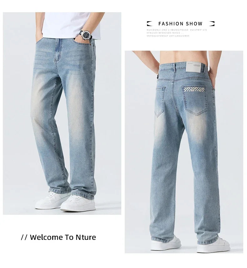 Men's Summer Thin Comfortable Jeans, Fashionable and Breathable Business Straight Pants, Loose Retro Casual Denim Trousers