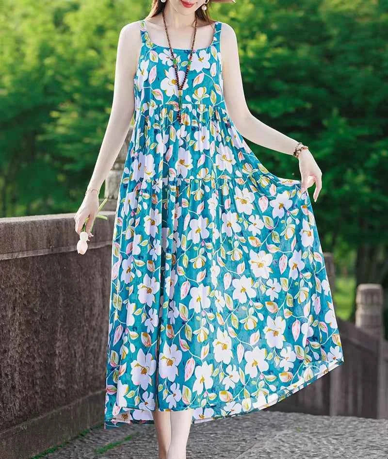 New Fashion Casual 2025 Summer Elegant Dresses For Women O-Neck Print Vintage Sleeveless Dress Loose Women Clothing