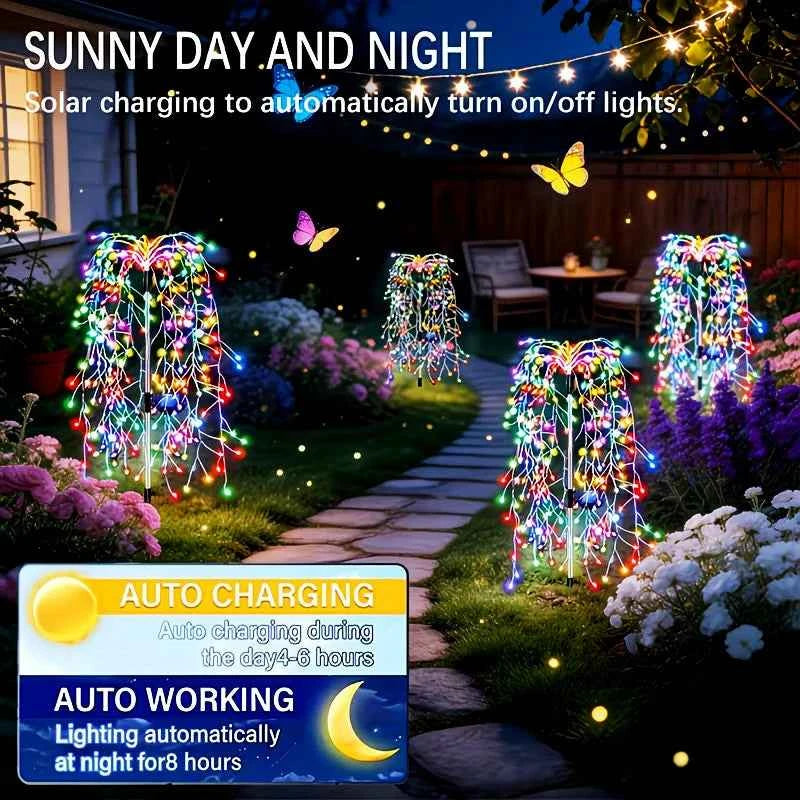 200 LEDs Solar Garden Lights Outdoor Sparkler Fireworks Starburst Colorful&warm Lighting Waterproof Outside Yard Art Decorations