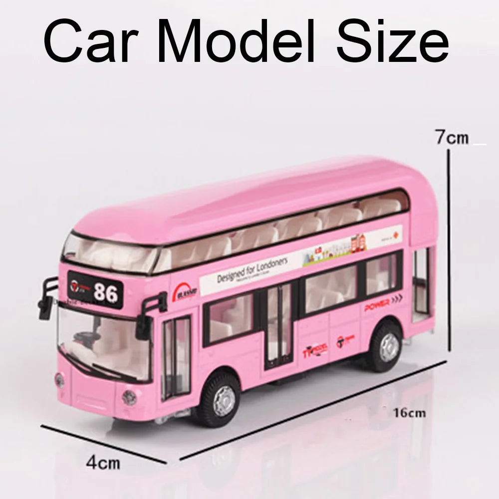 1/36 Scale Double Decker Bus Toy Car Model Alloy Diecast Sound Light Pull Back Doors Opened Vehicles Collectibles Birthday Gift