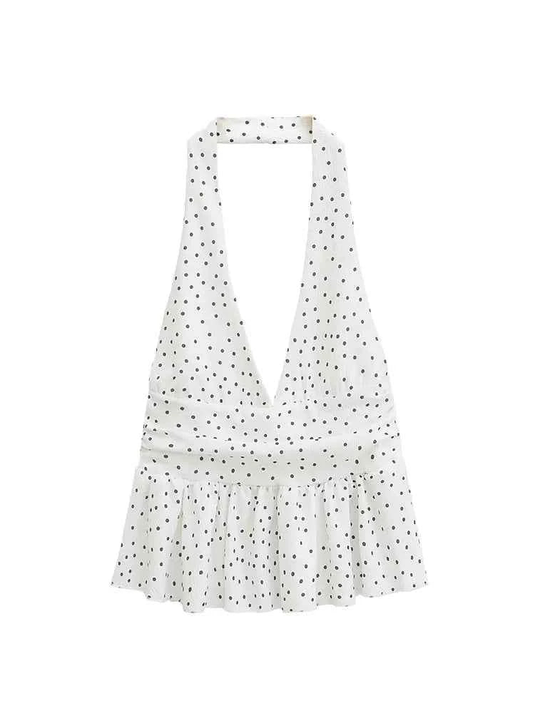 HH Women Vintage Solid Halter Vest Hem Ruffled Lady Sexy Backless Sleeveless V Neck Tops Summer Thin Casual Holiday Chic Top
