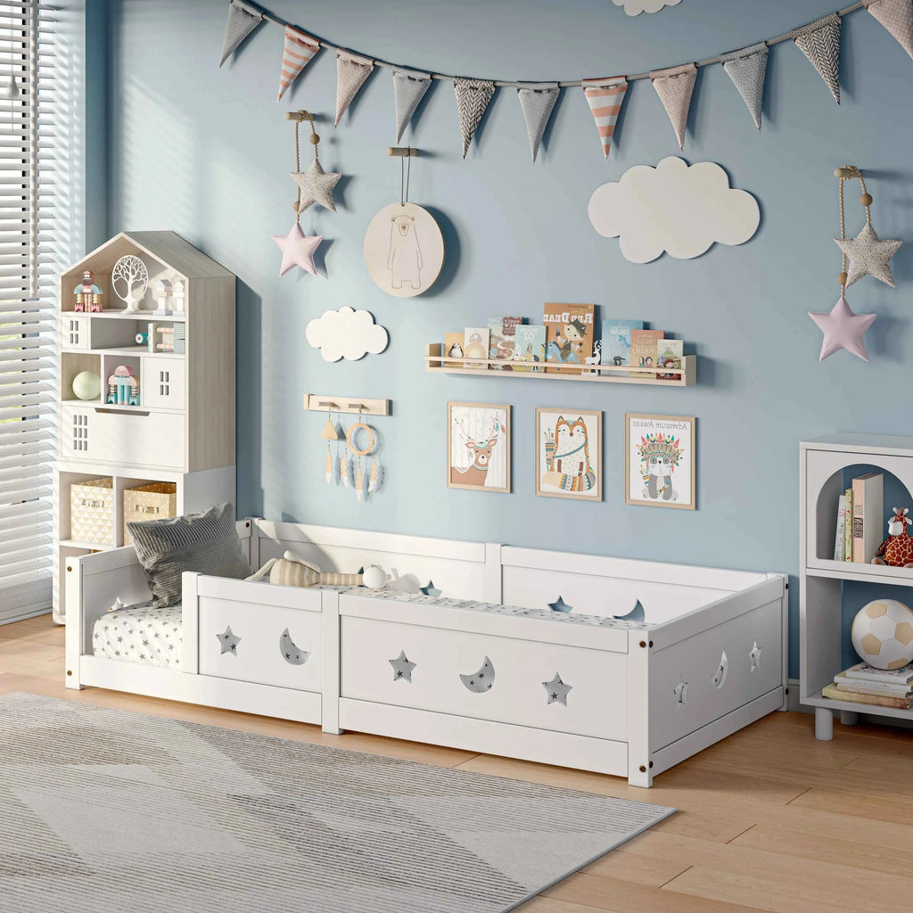 RosahqndaKids Children's Bed Solid Montessori Wooden Floor Bed with Fall Protection - Safe Toddler Bed - Scandinavian Design