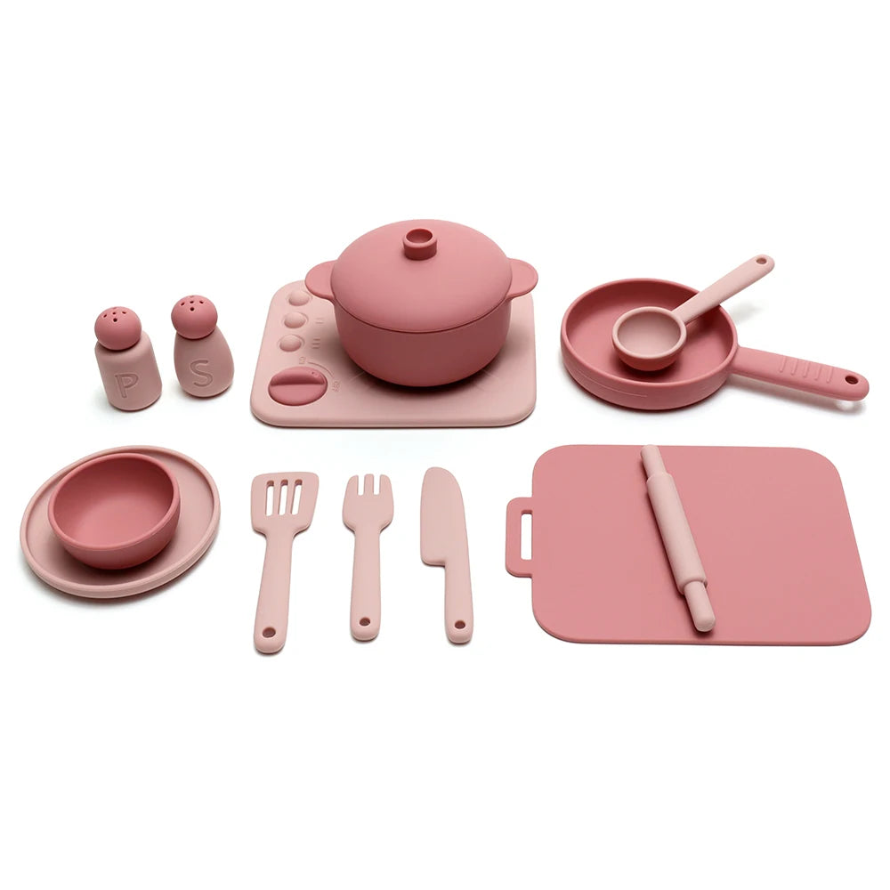Kids Pretend Play Kitchen Toys, Food-Grade Silicone Dish Set, Realistic Mini Cooking Toys with Bowls, Plates, Pots for Toddlers