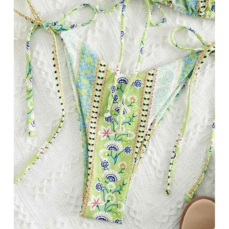 BIQIUYYI New Floral Print String Bandage Bikinis Triangle Cup Push Up Swimsuit Women Bathing Suit Beachwear Halter Swimwear XS