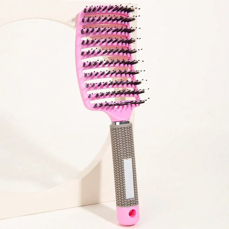 Pink Color Detangling Scalp Massage Hair Brush With Boar Bristles