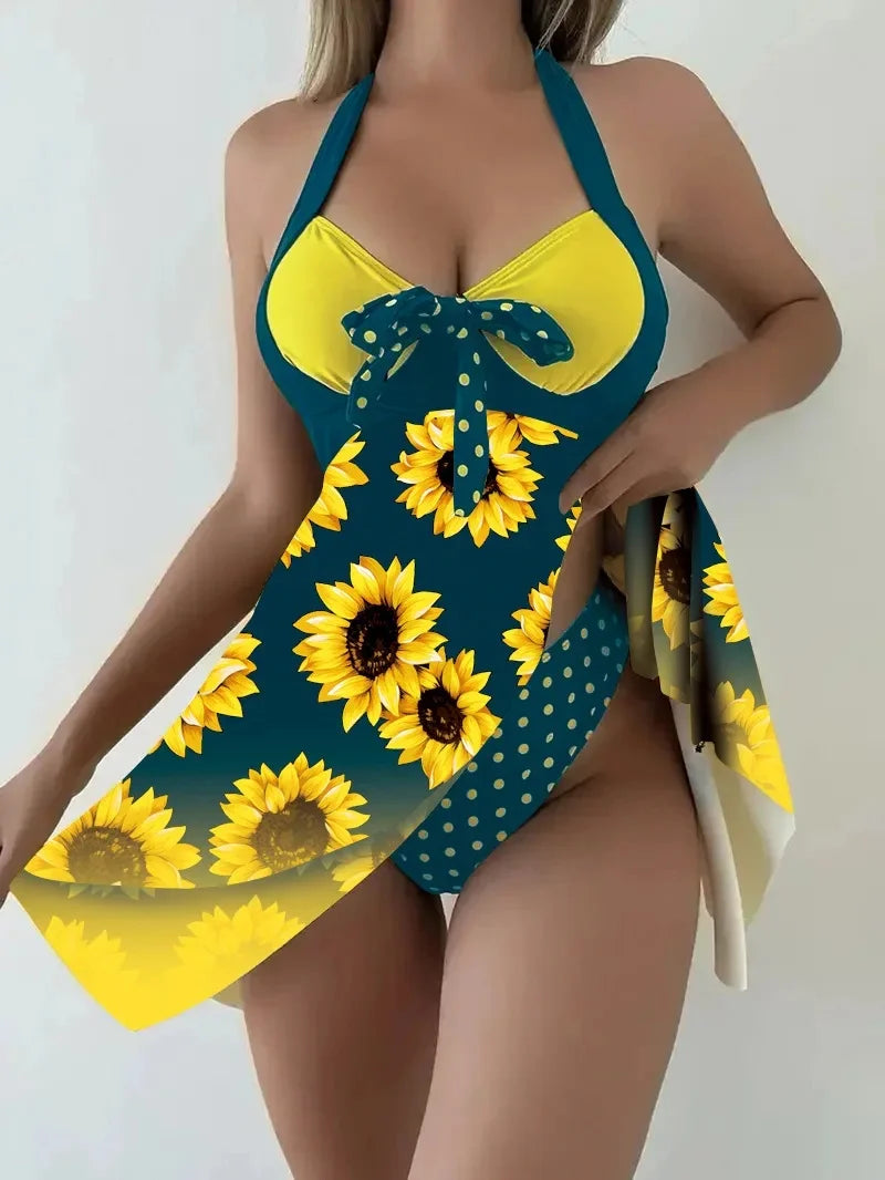 New 2025 Women's Two-Piece Bikini Set Yellow Sunflower Print Maxi Dress Style Swimsuit Floral Patterned Separate Swimsuit