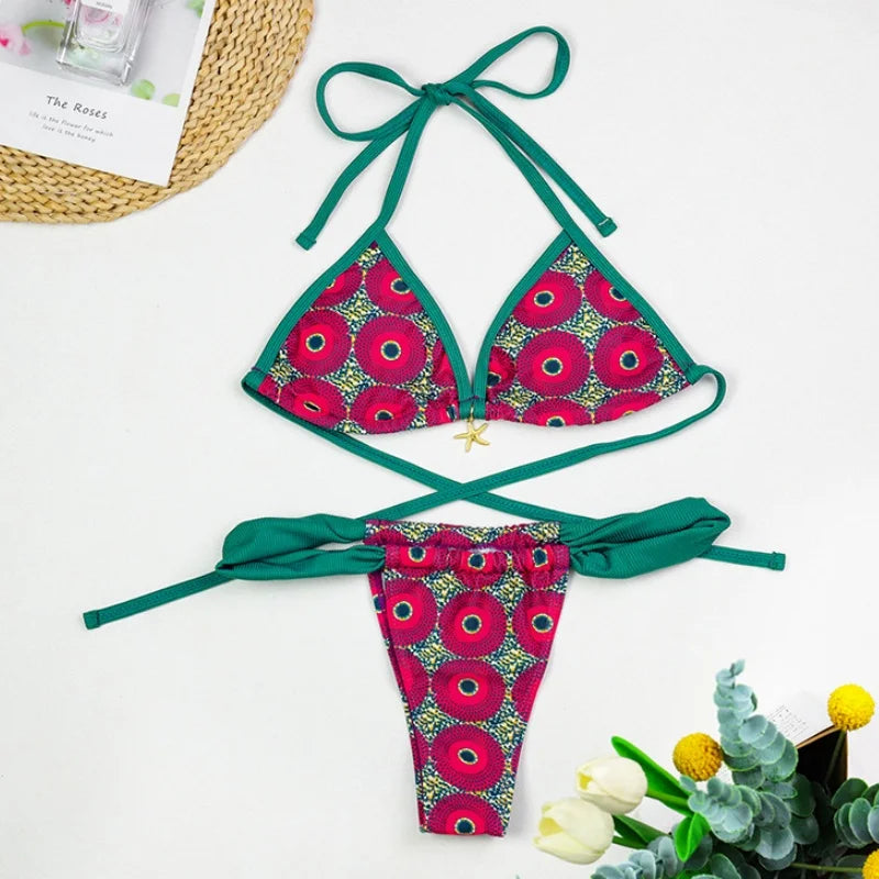 Bikinis Women Swimsuit Vintage Contrast Print Patchwork Design Sense Push Up Bikini Set Bathing Suit Swimming Beachwear 2 Piece