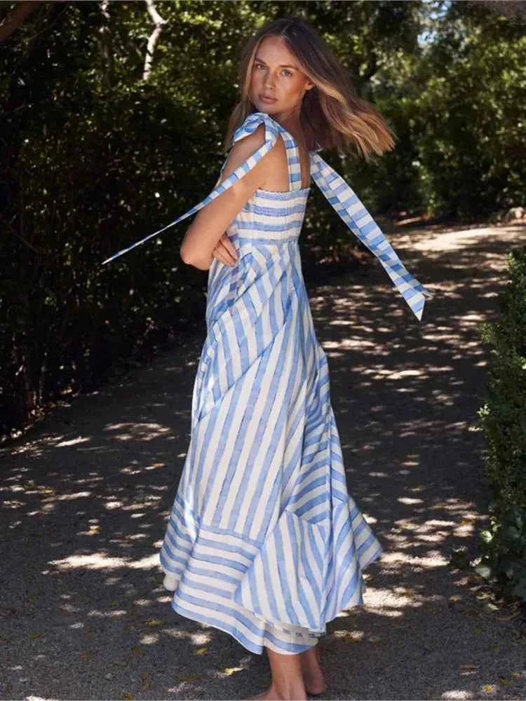2024 Summer New Stripe Print Spaghetti Strap Dresses For Women Fashion Elegant Lady Bowknot Shoulder Strap Long Dress Vestidos