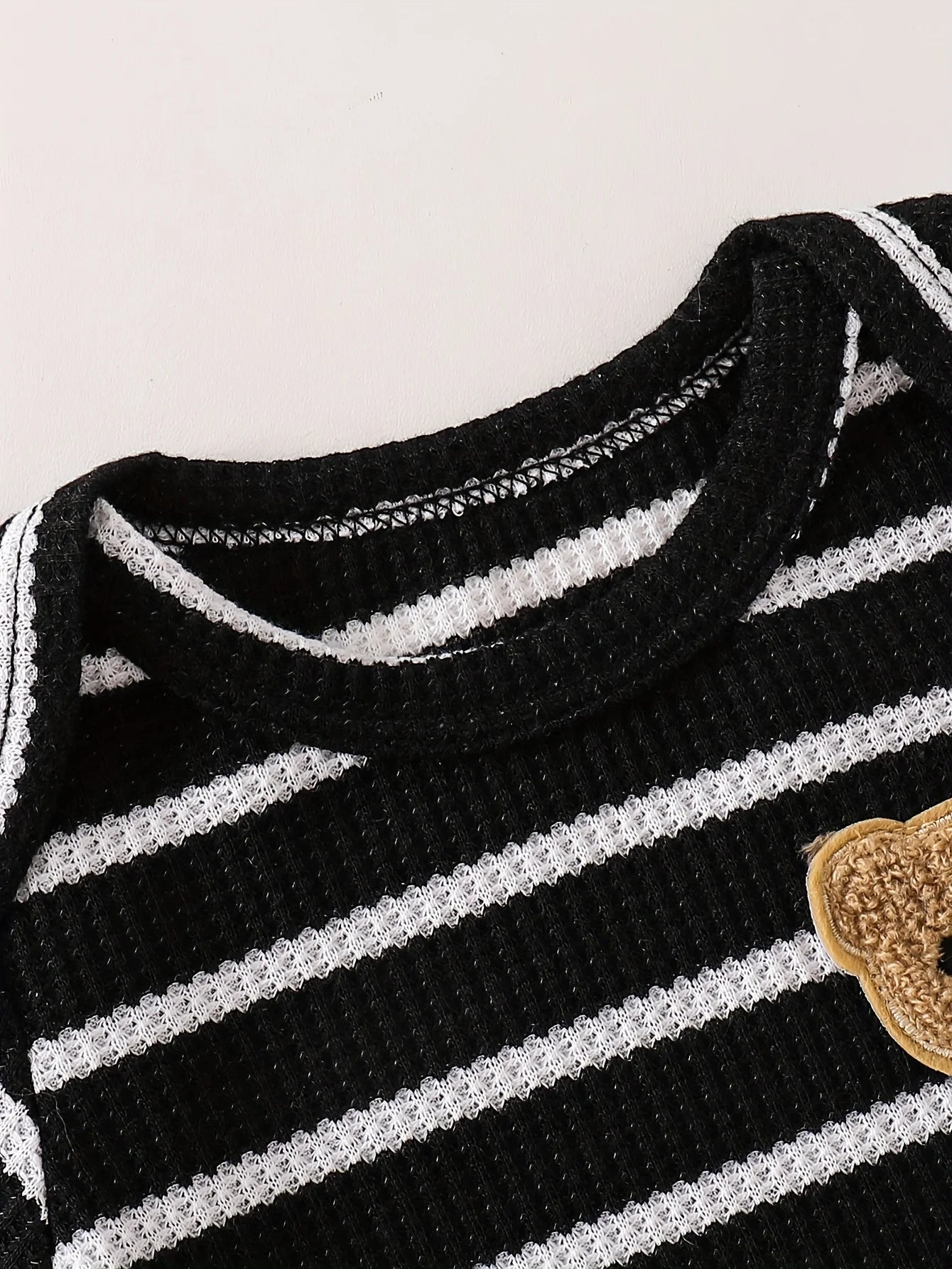 Single-Piece Polyester-Spandex Knit Striped Baby Boy Romper with Fun Cartoon Bear Patch Pattern, Black and White Stripes, for Spring and Summer Casual Style