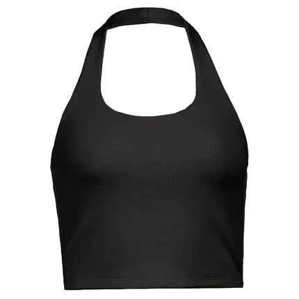 Women's Sexy Spice Hanging Neck Backless Small Suspenders Slim Short Neckline Solid Color Threaded Peplum Short Tops