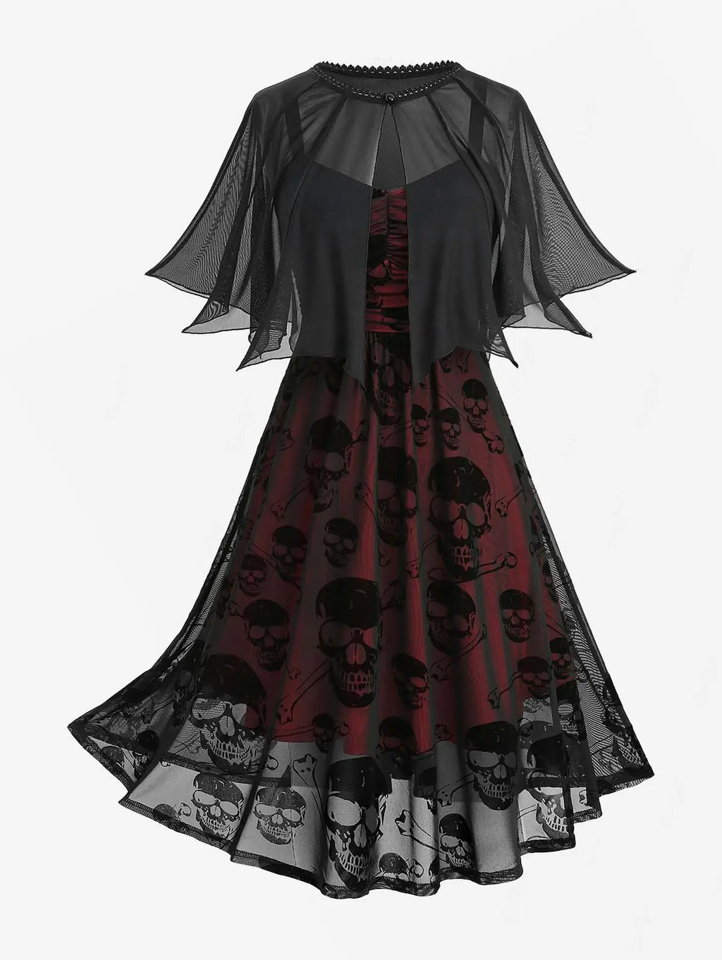 Plus Size Women's Casual Dresses Skull Flocking Mesh Ruched Tank Dress With Lace Trim Button Cover Cape