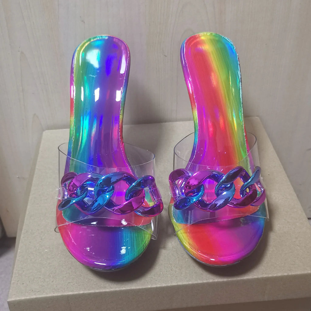 2022 New Diamond Chain Women Pumps Slippers Thin High Heels Party Shoes Fashion Solid Color Summer Dress Sandals Shallow Mouth