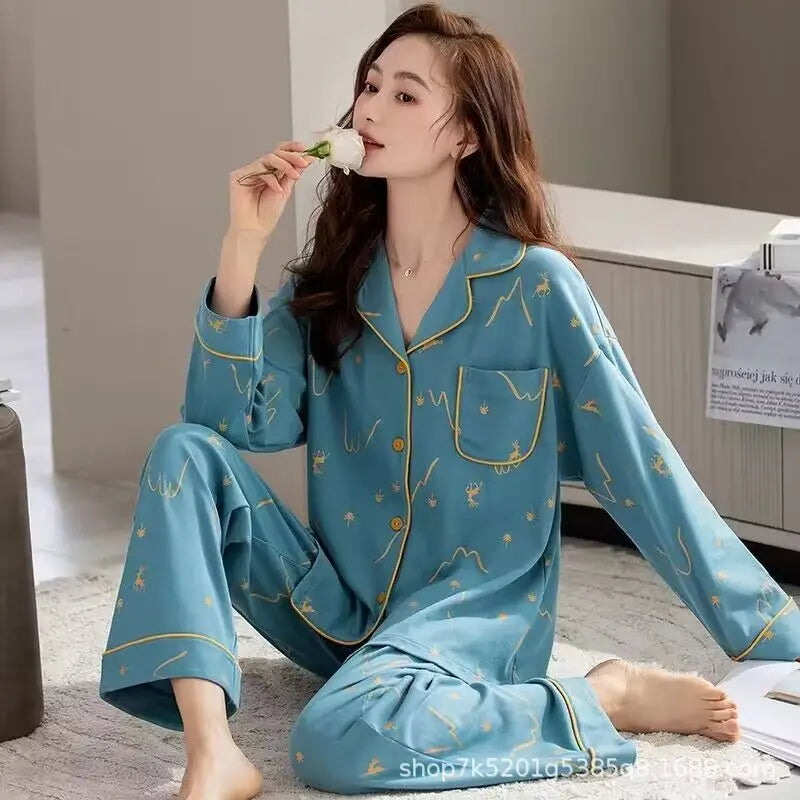 100% Pure Cotton Long Sleeve Sleepwear Set for Elderly Women Spring Summer Autumn Home Clothes Outwear Comfortable Home Suit