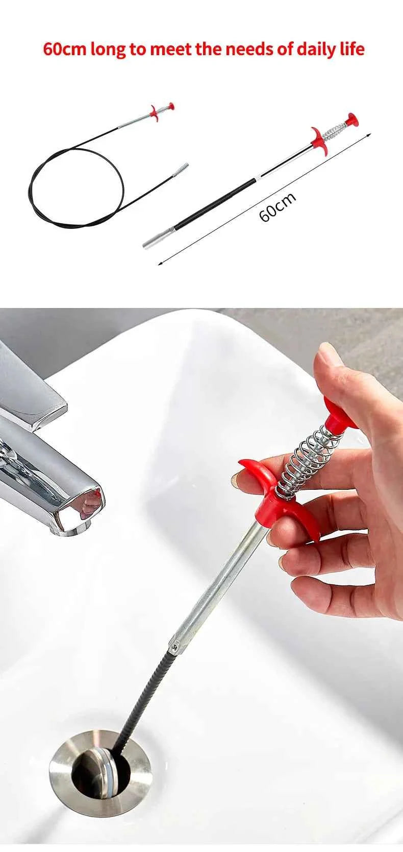 60cm Flexible Drain Snake Spring Pipe Cleaner Tool for Kitchen/Bathroom Sink Clogs (Heavy-Duty Hair & Debris Remover)