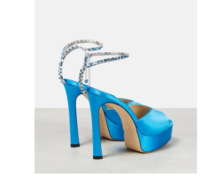 Colorful Chain Water Diamond Sandals Brand Walk Show Fish Mouth Evening Dress Elegant High Heels 2023 New Pendant Women's Shoes