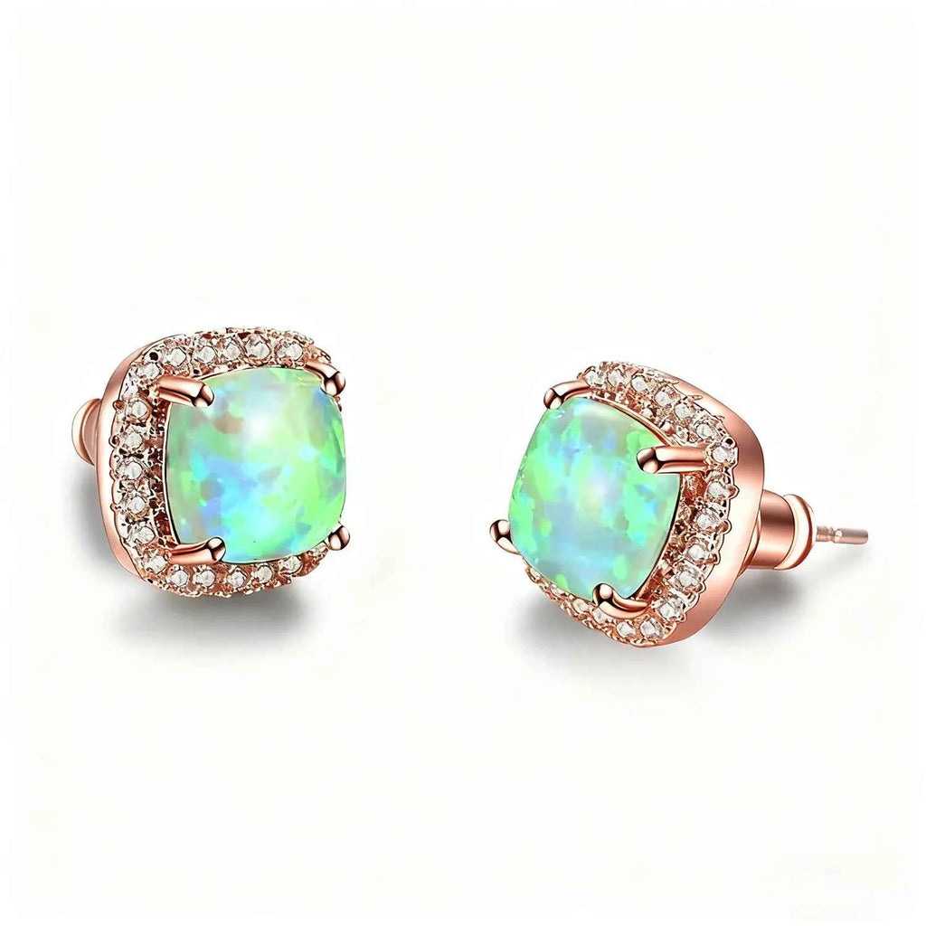 Multi-Color Available Opal Stone & Zirconia Earrings,Elegant Square Opal Studs,Silver Color Daily Luxury Jewelry,Gift for Women