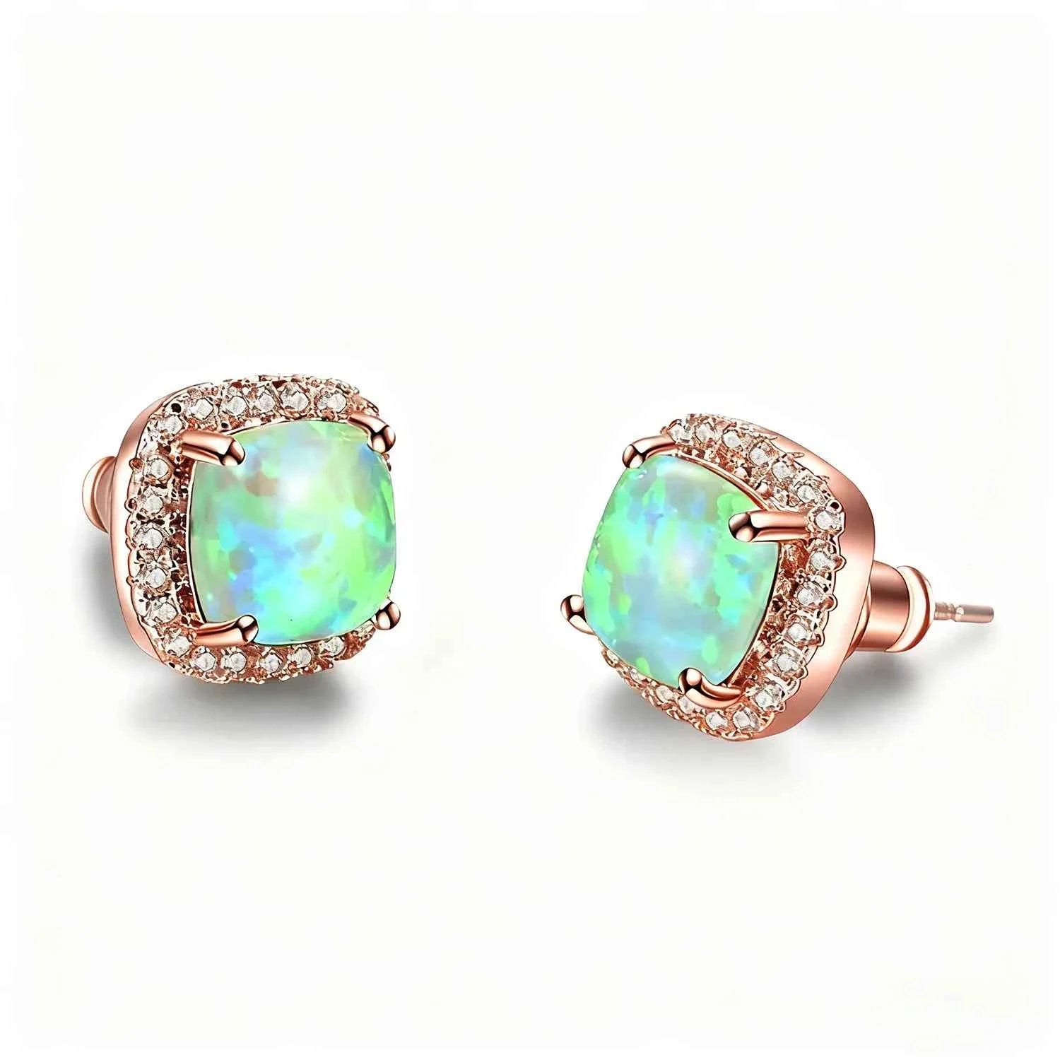 Multi-Color Available Opal Stone & Zirconia Earrings,Elegant Square Opal Studs,Silver Color Daily Luxury Jewelry,Gift for Women