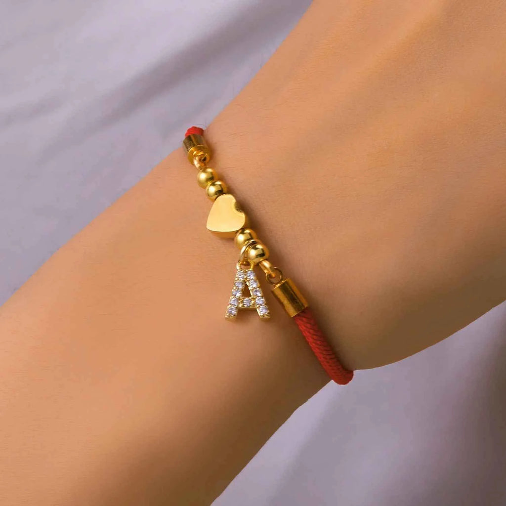 New Gold Stainless Steel Heart Initial Letter Bracelet - Red Rope Charm Jewelry for Men & Women, Lucky Gift