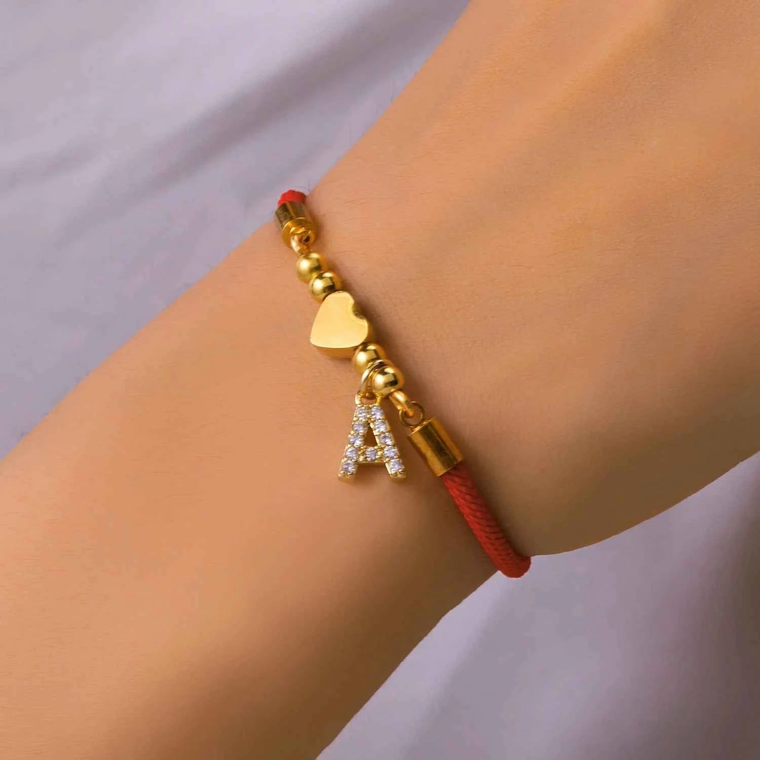 New Gold Stainless Steel Heart Initial Letter Bracelet - Red Rope Charm Jewelry for Men & Women, Lucky Gift