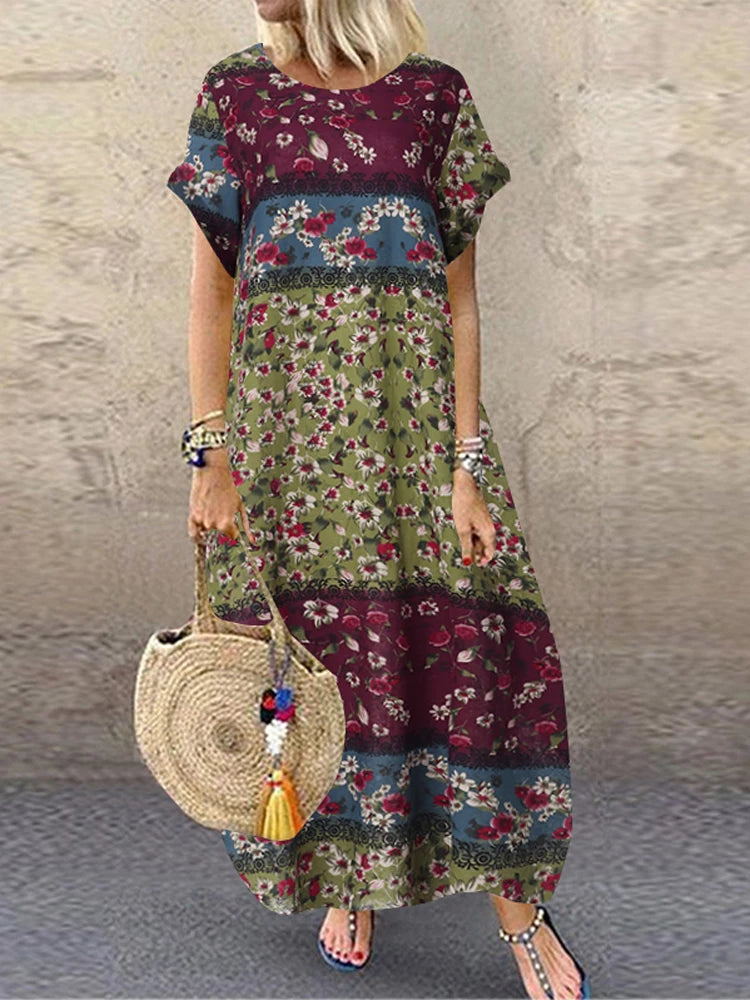 ZANZEA Summer Maxi Dress Women's Vintage Printed Sundress Casual Loose Short Sleeve Vestidos Vacation High Waist Robe Femme 2024
